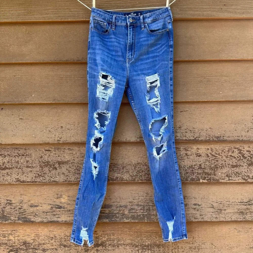 Hollister Curvy Ultra High-Rise Super Skinny Womens Ripped Blue Jeans W28 L30 Si - Picture 1 of 12